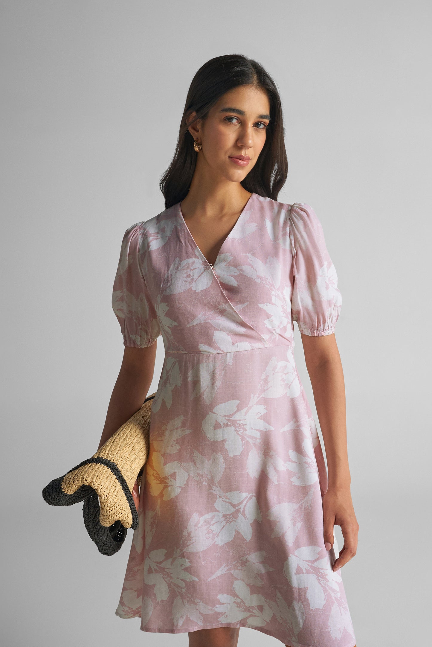 Seashell Pink Floral Puff Sleeve Wrap Top