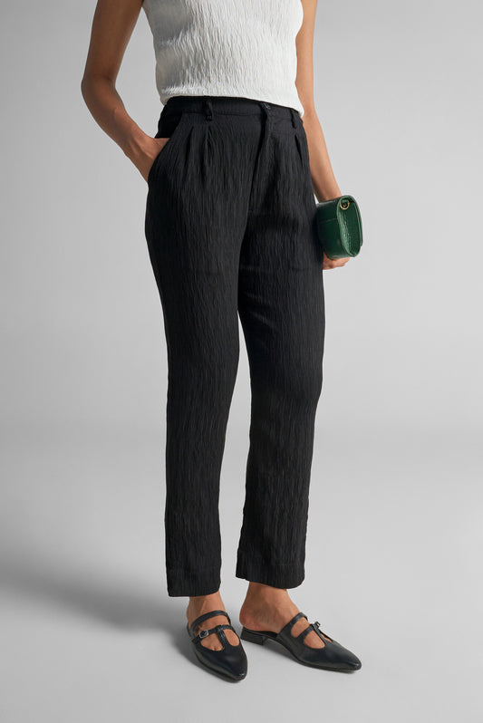 Jet Black Textured Straight-Fit Pants