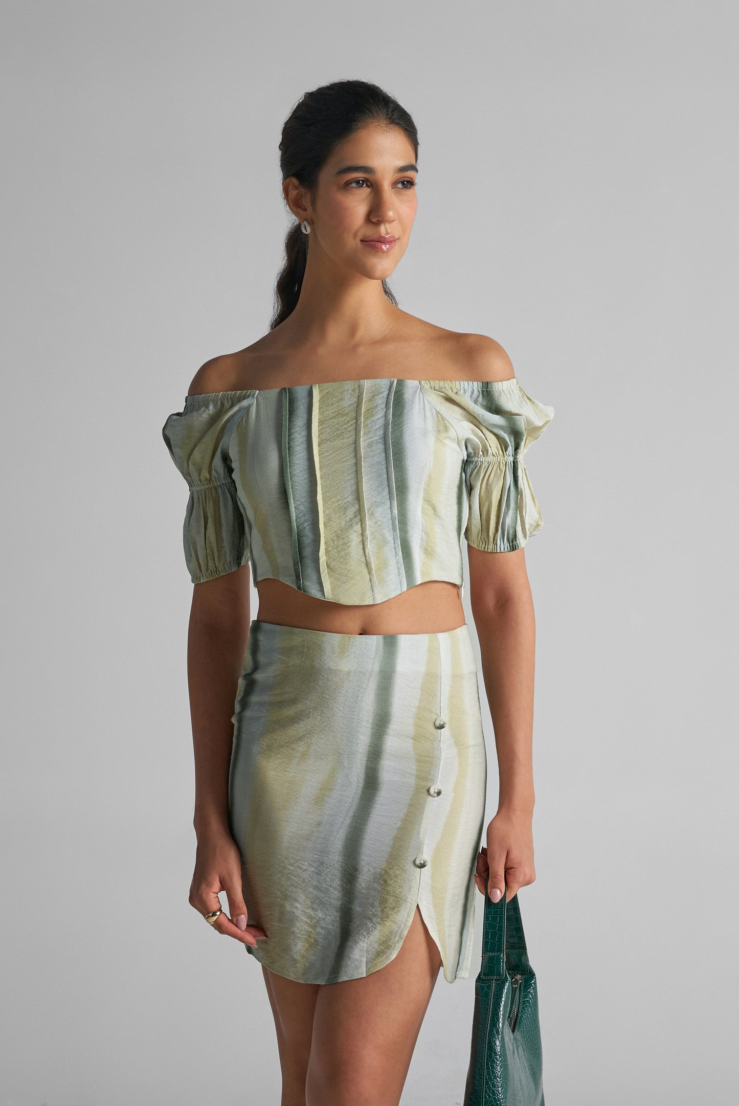 Water Green Striped Shoulder Co-Ord Set