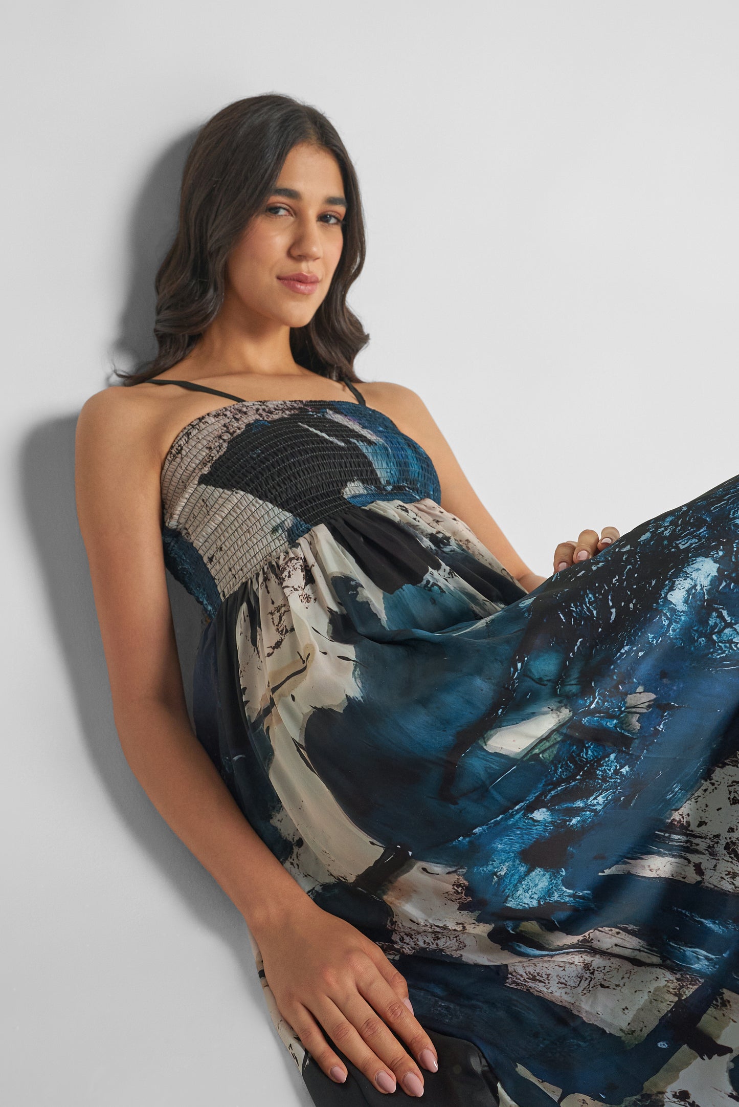 Black Galaxy Abstract Print Smocked Midi Dress