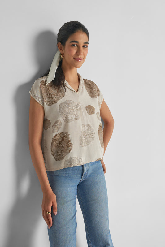 Ivory Printed V-Neck Cap Sleeve Top