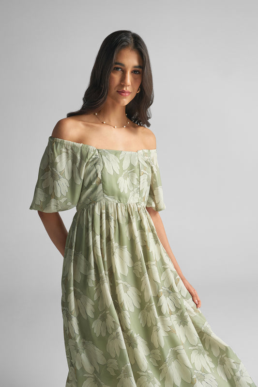 Sage Green Puff Sleeve Midi Dress