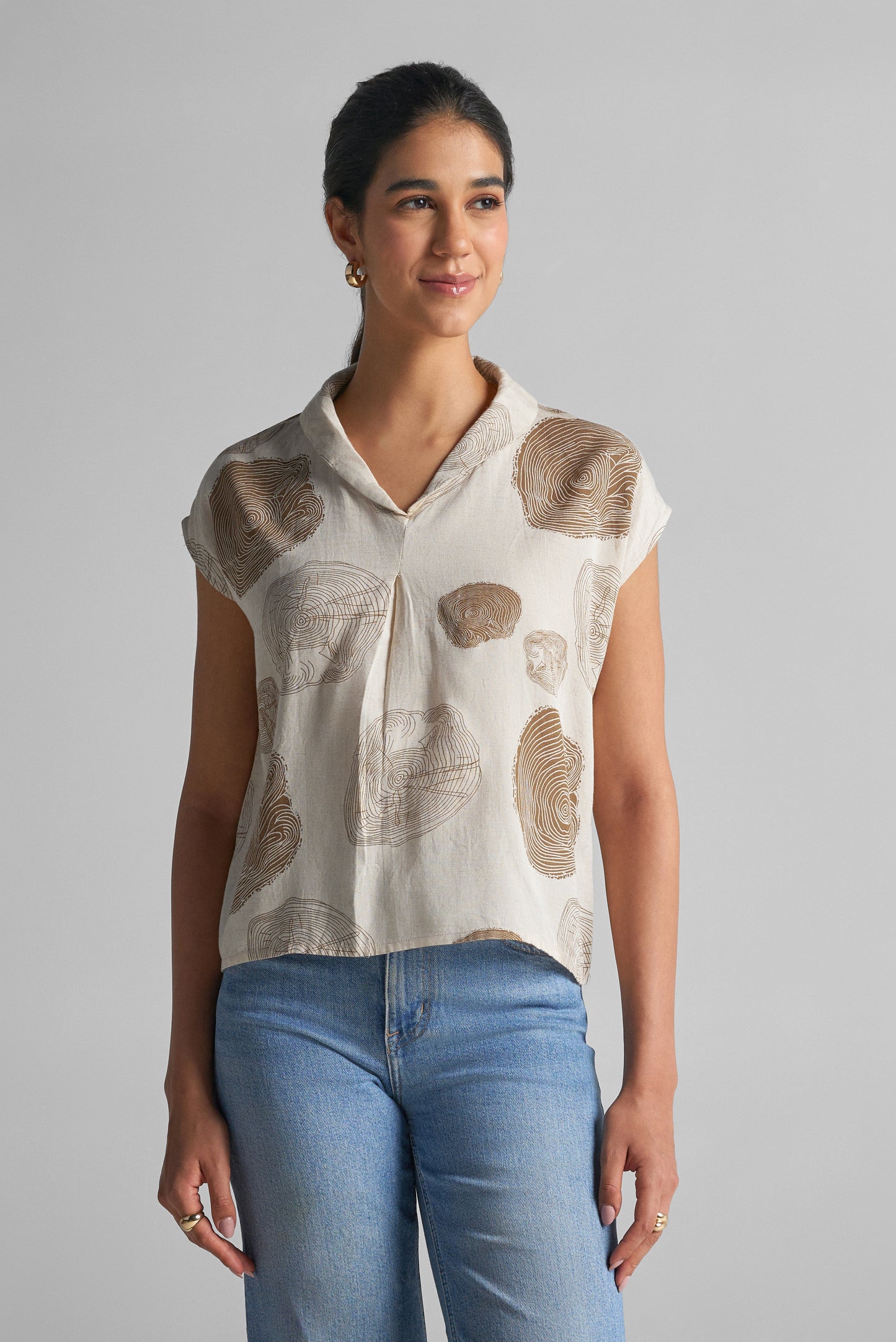 Ivory Printed V-Neck Cap Sleeve Top