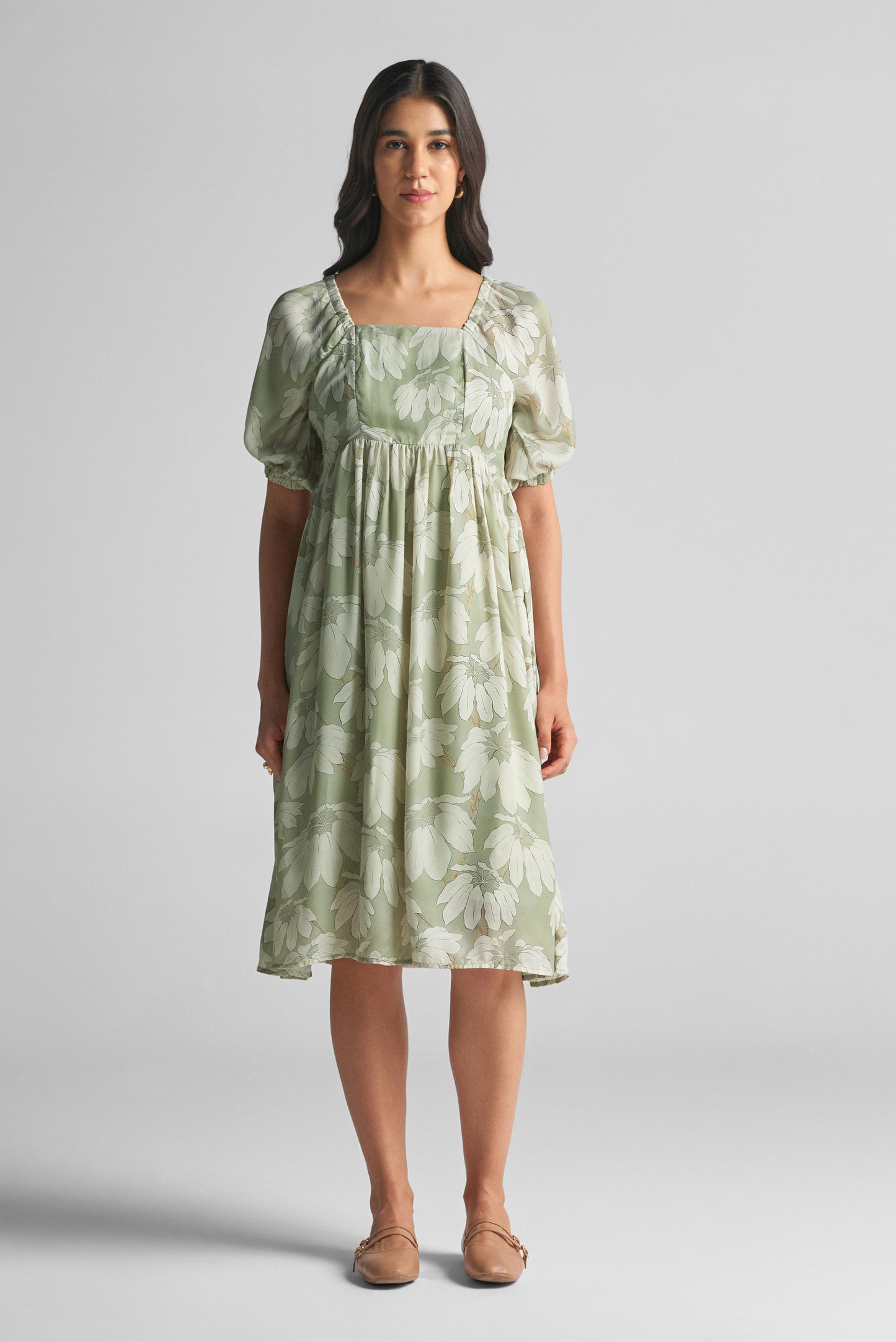Sage Green Puff Sleeve Midi Dress