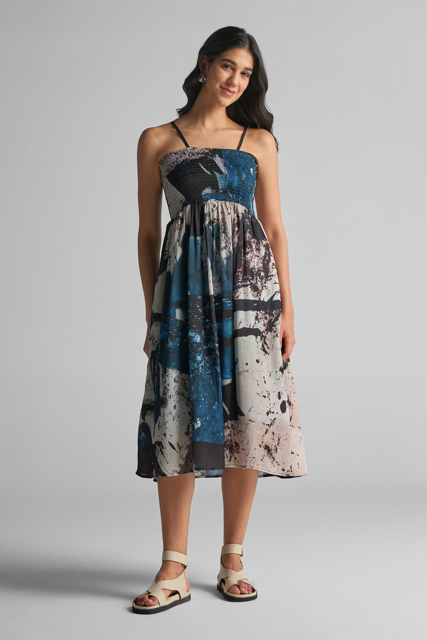 Black Galaxy Abstract Print Smocked Midi Dress