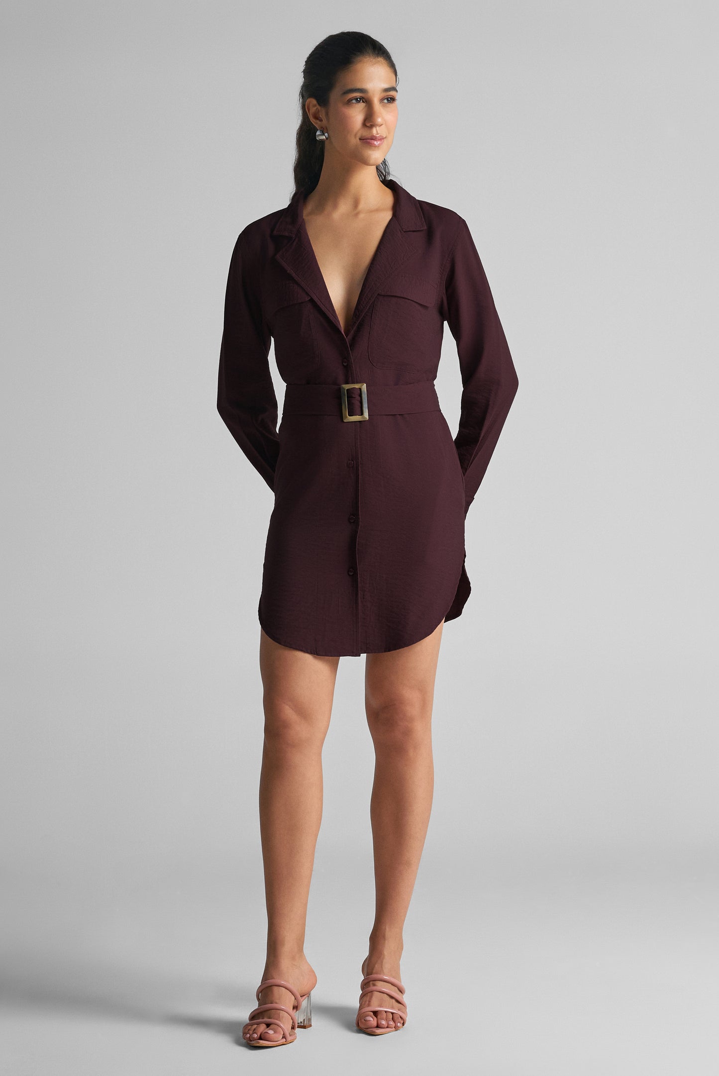 Burnt Wine Belted Shirt Dress