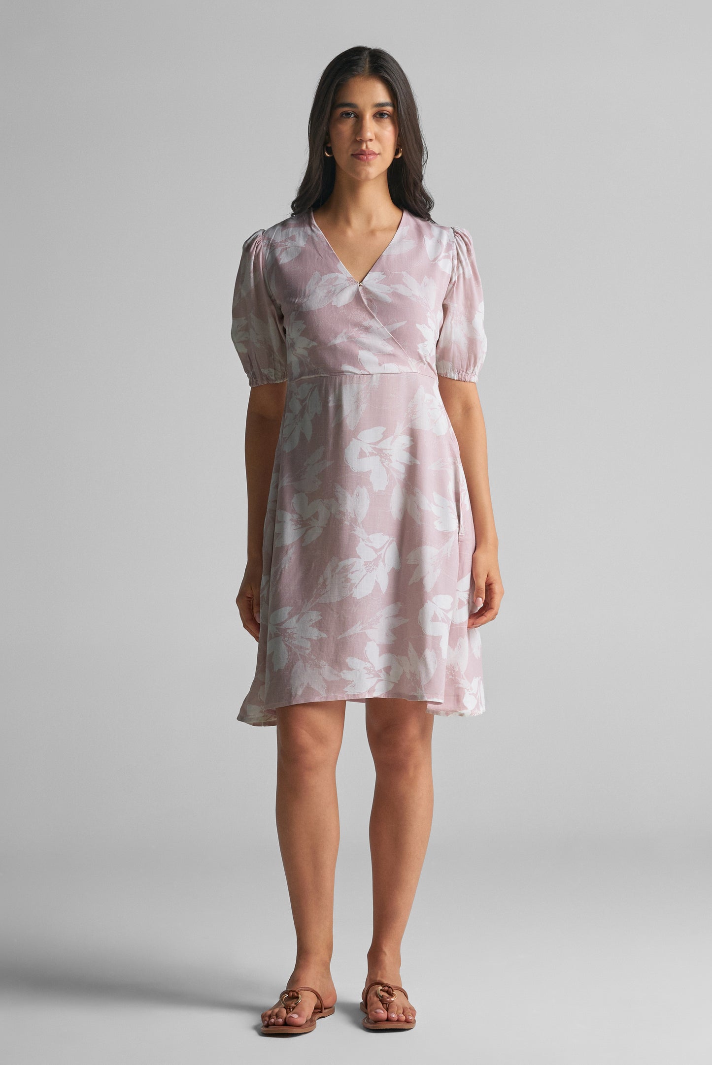 Seashell Pink Floral Puff Sleeve Wrap Top