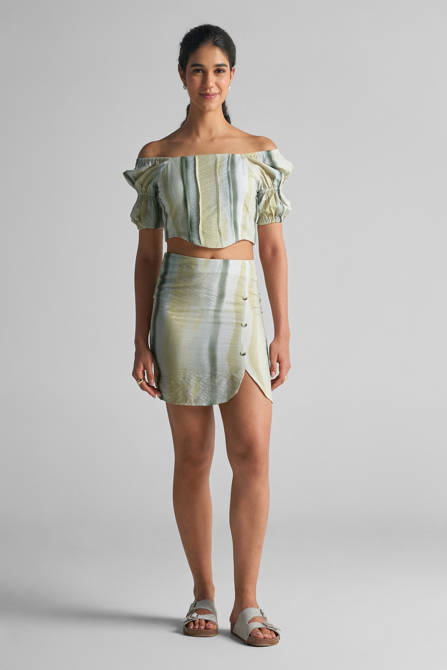 Water Green Striped Shoulder Co-Ord Set