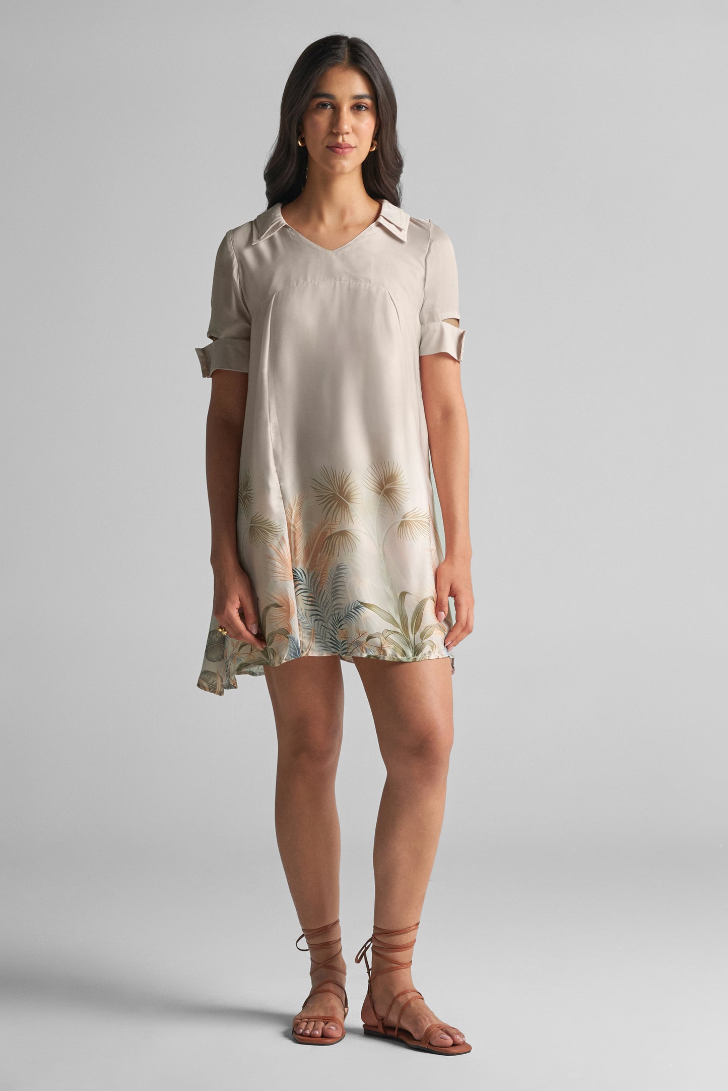 Tropical Print Collared Flare Top