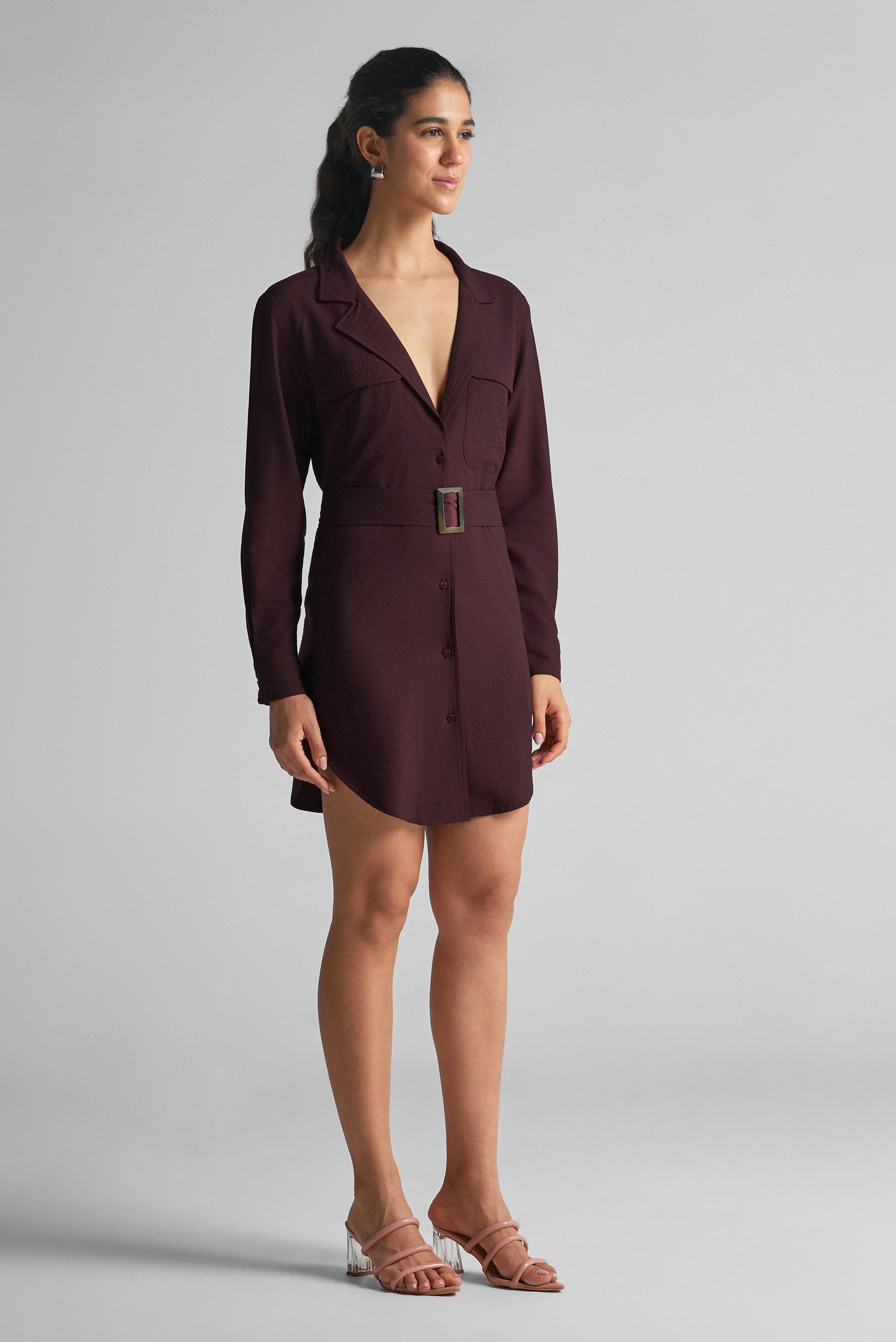 Burnt Wine Belted Shirt Dress