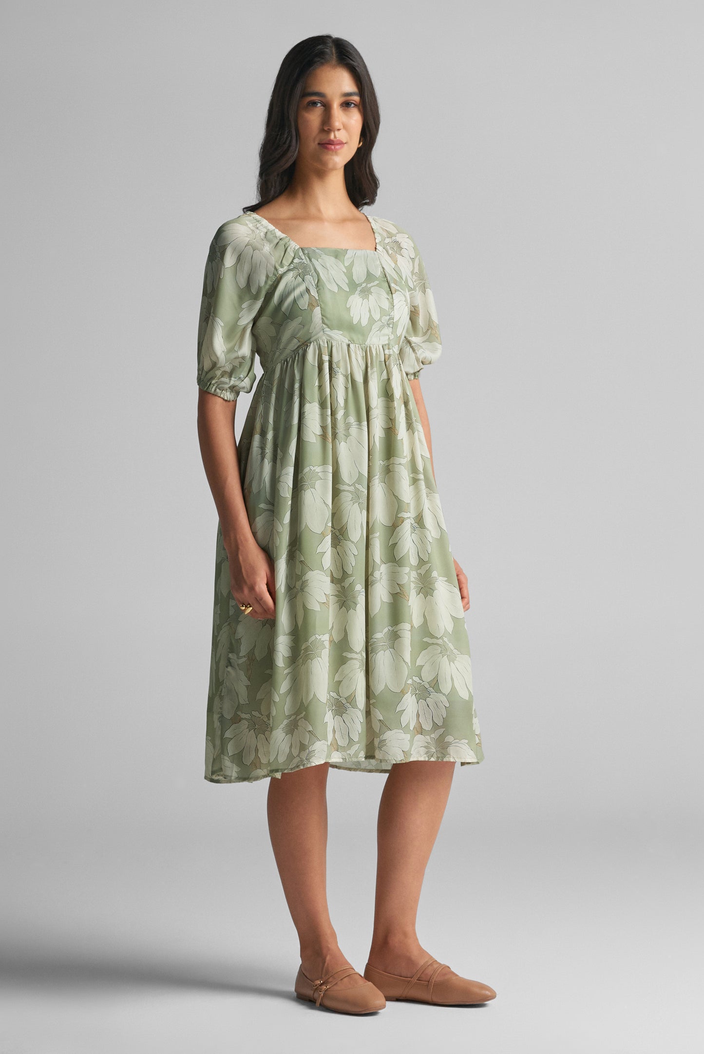 Sage Green Puff Sleeve Midi Dress