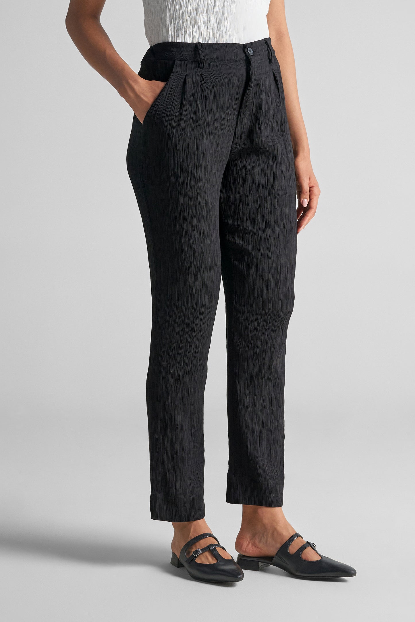 Jet Black Textured Straight-Fit Pants
