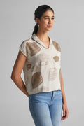 Ivory Printed V-Neck Cap Sleeve Top