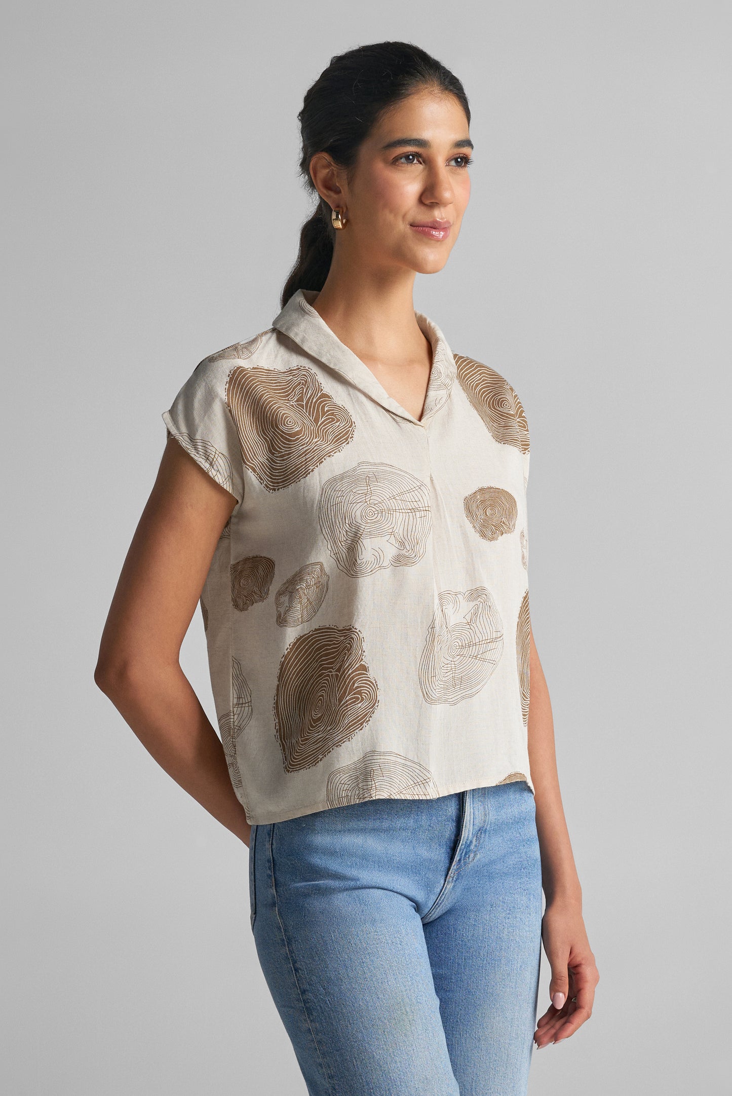 Ivory Printed V-Neck Cap Sleeve Top