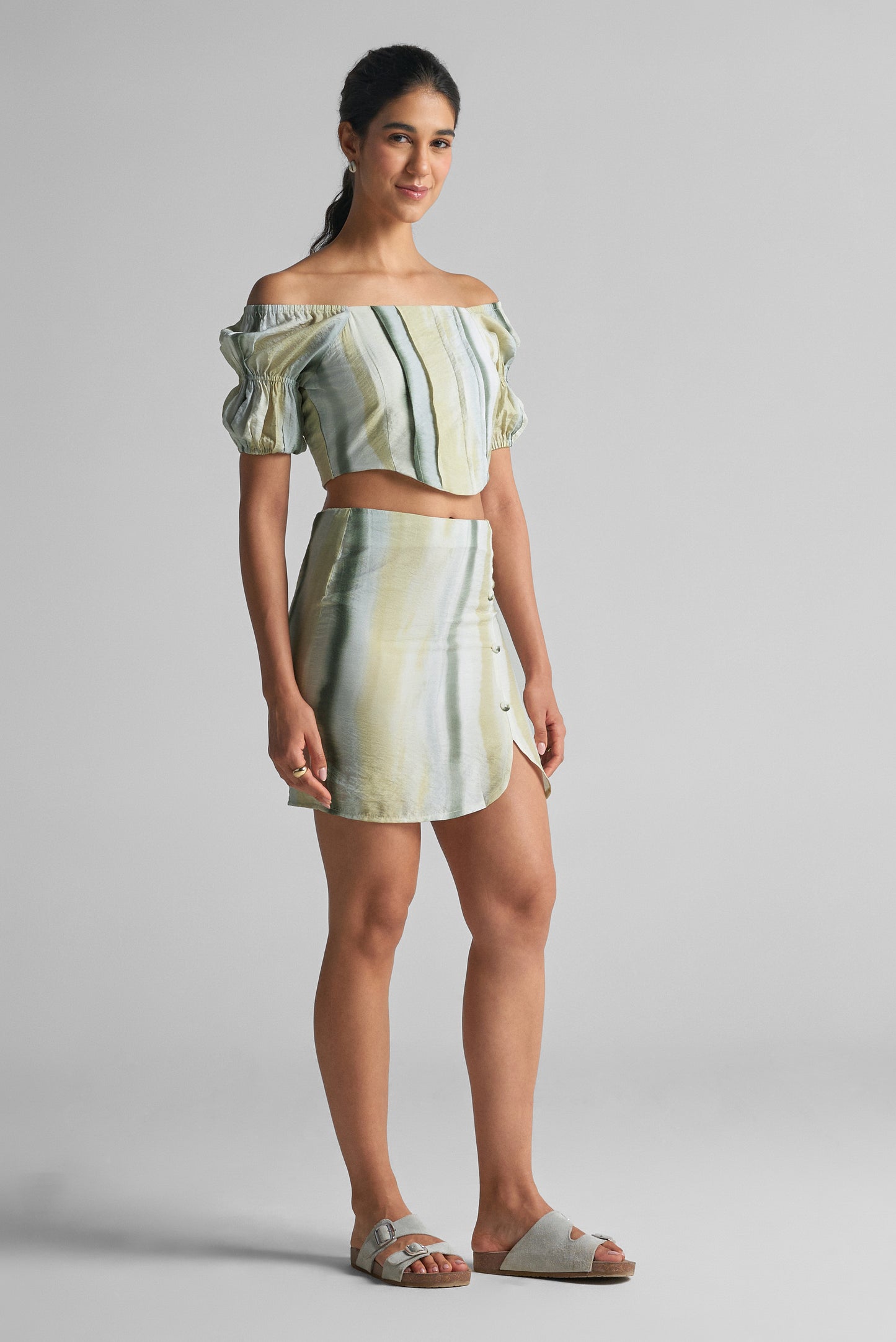 Water Green Striped Shoulder Co-Ord Set