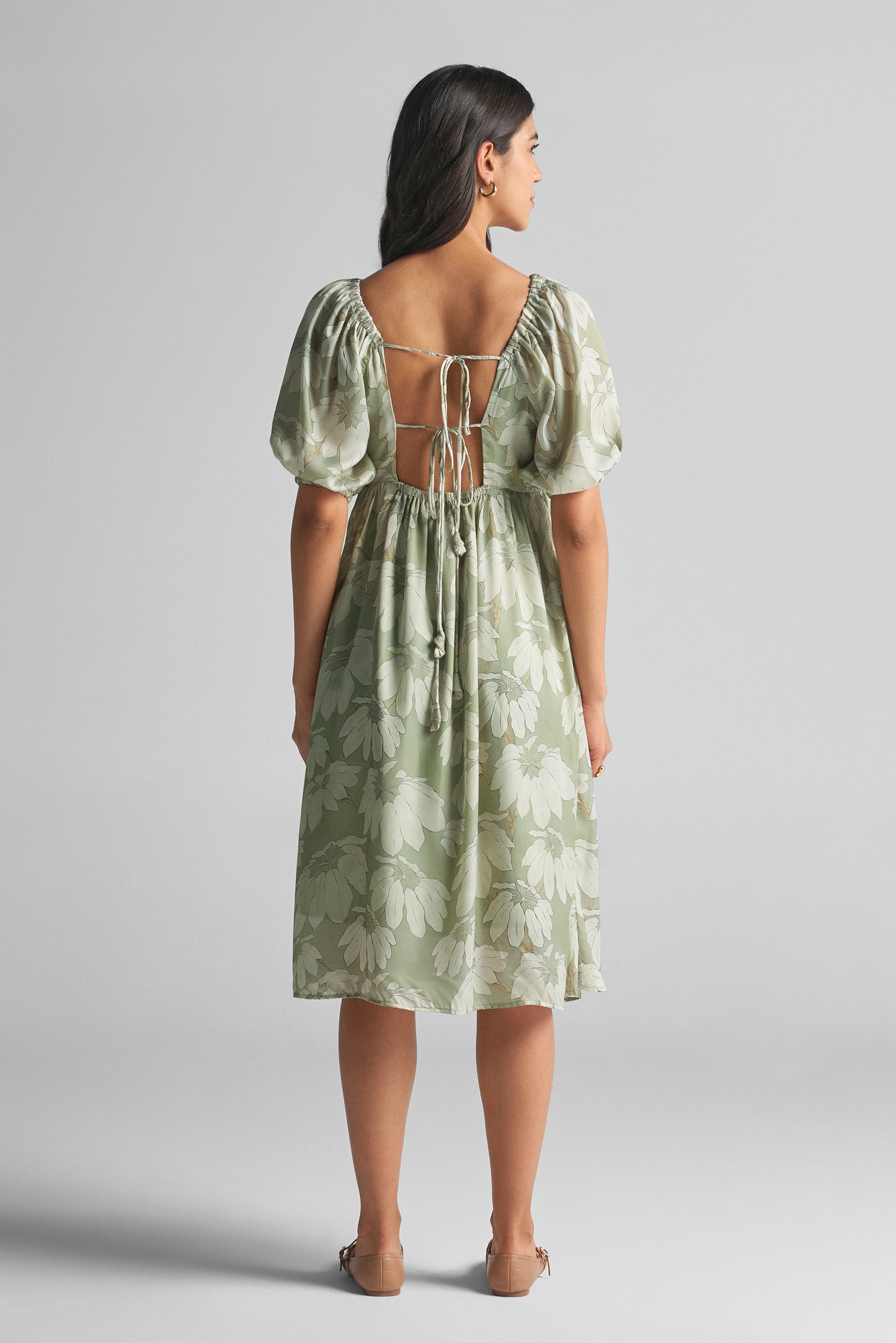 Sage Green Puff Sleeve Midi Dress