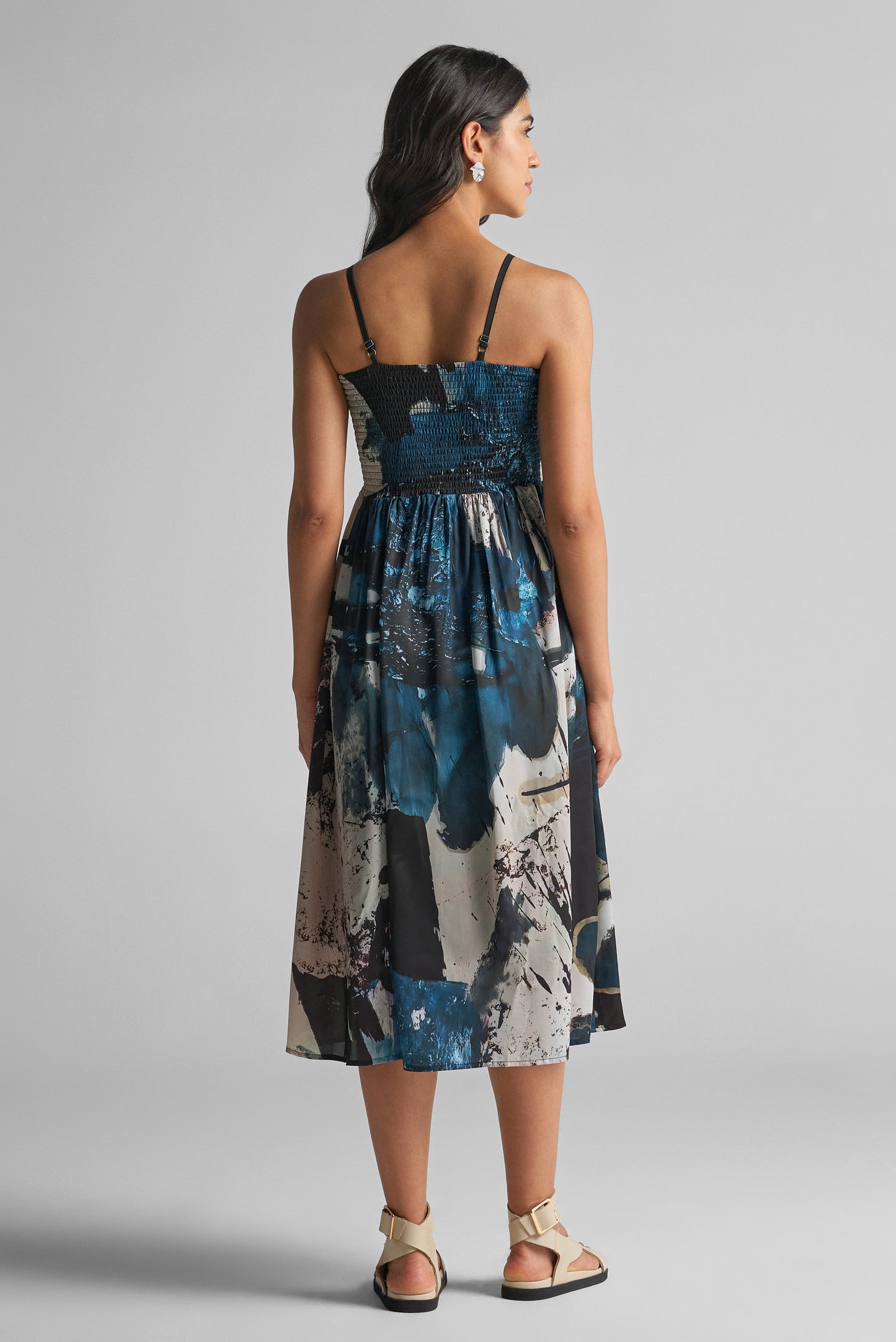 Black Galaxy Abstract Print Smocked Midi Dress