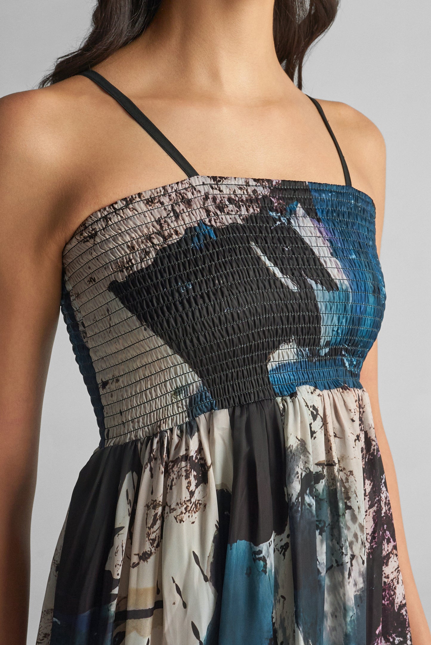 Black Galaxy Abstract Print Smocked Midi Dress