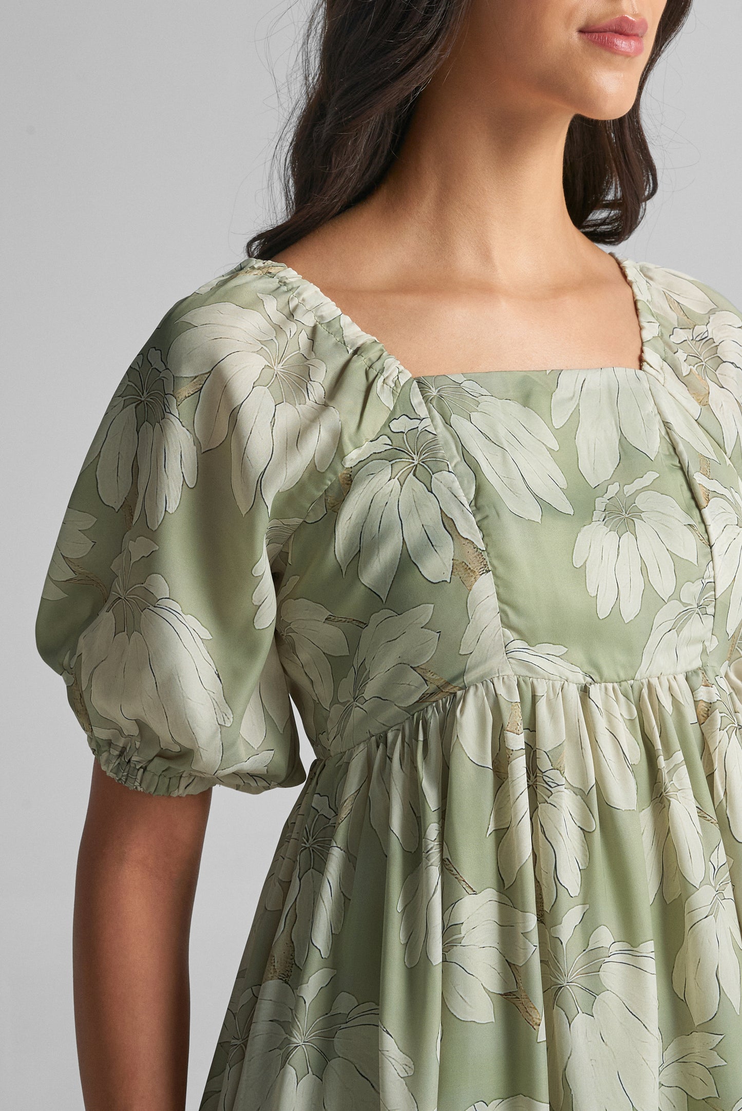 Sage Green Puff Sleeve Midi Dress