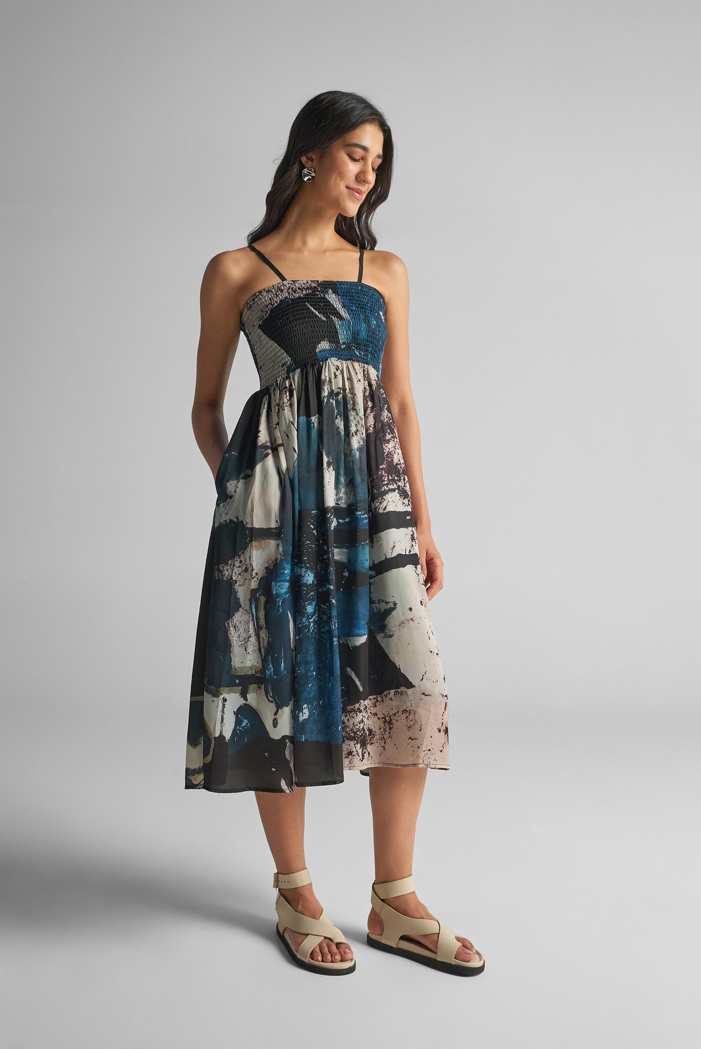 Black Galaxy Abstract Print Smocked Midi Dress