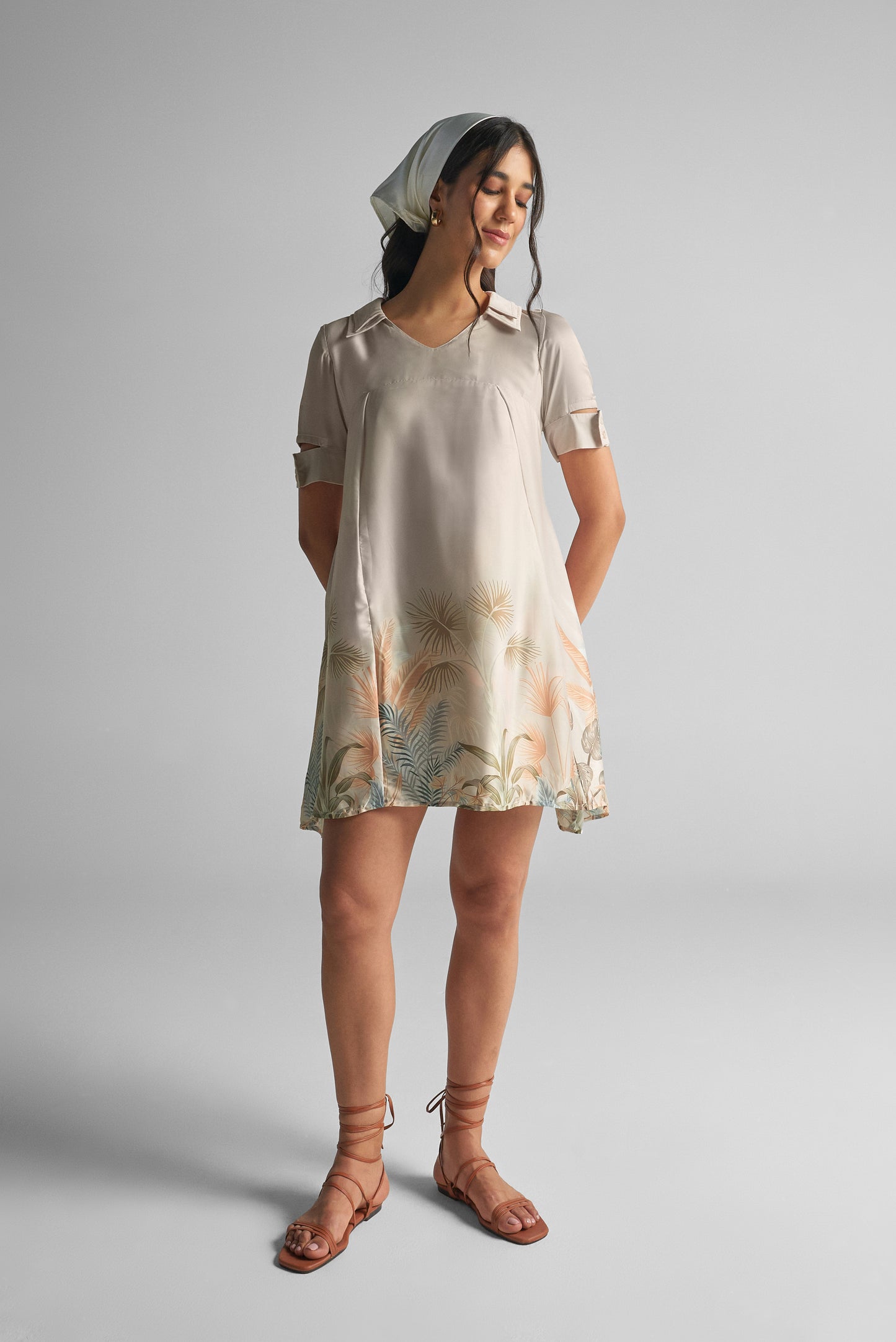 Tropical Print Collared Flare Top