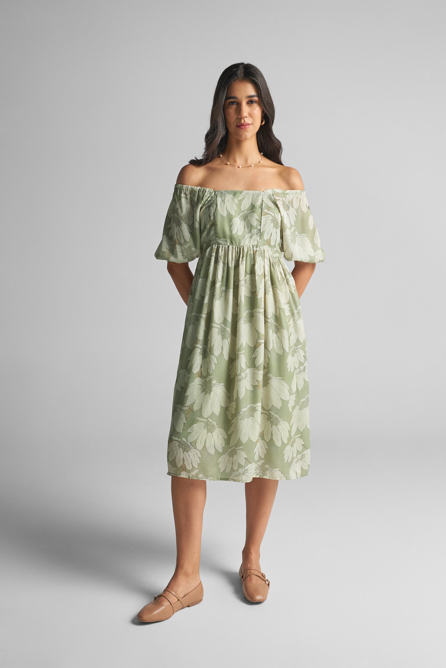 Sage Green Puff Sleeve Midi Dress