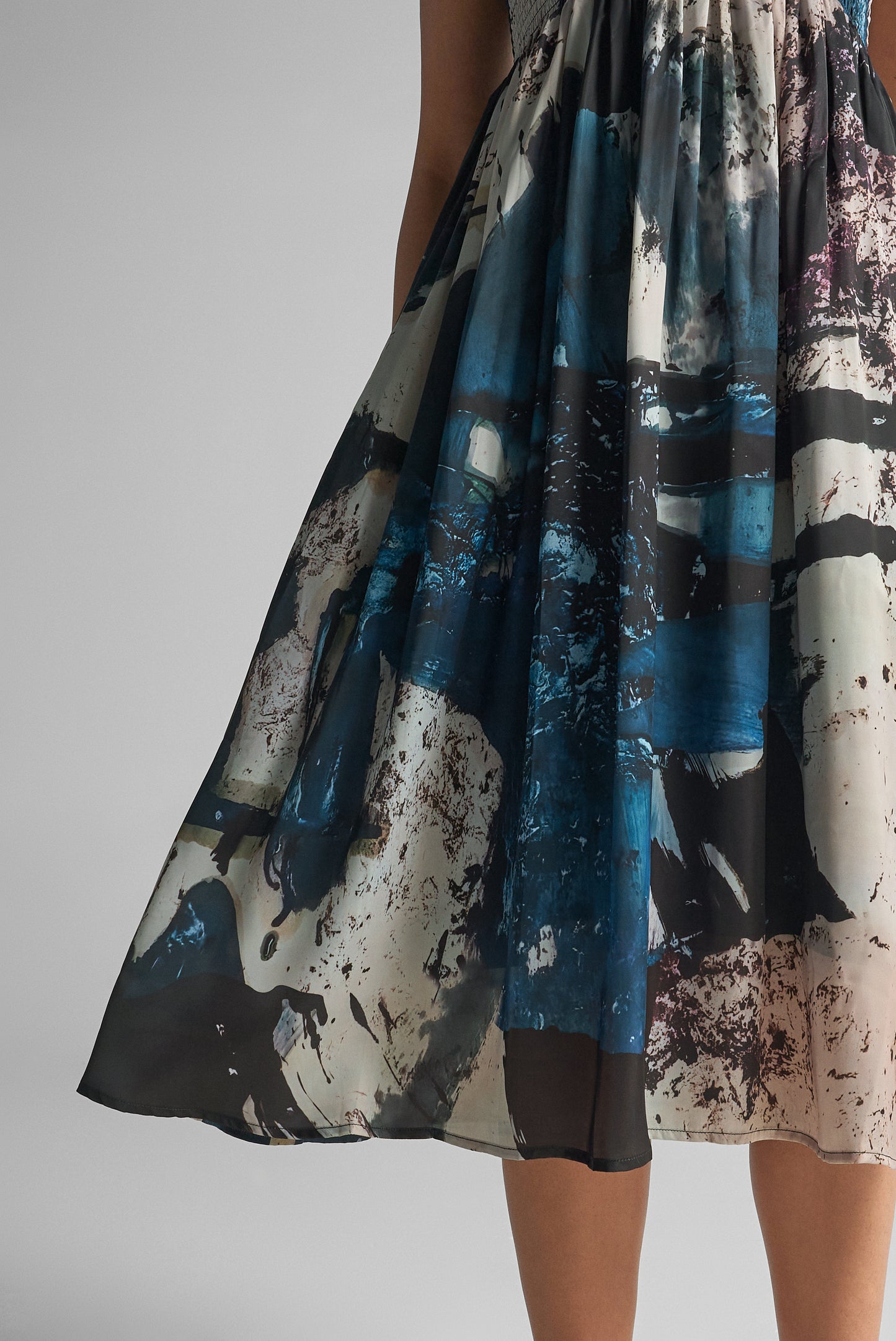 Black Galaxy Abstract Print Smocked Midi Dress