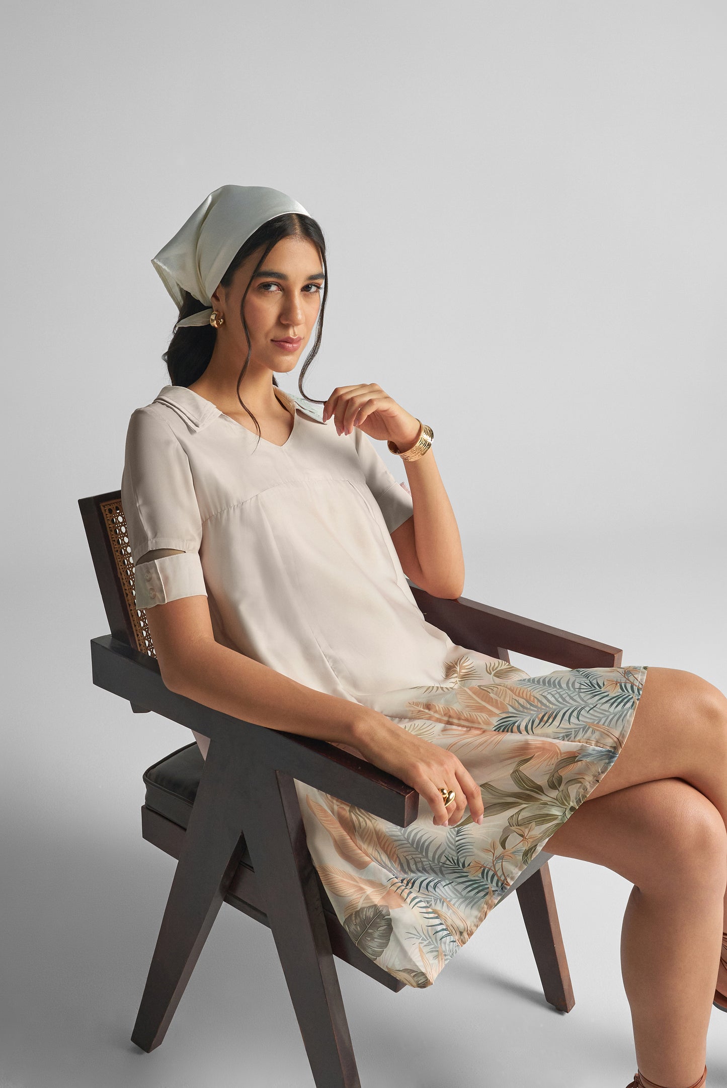 Tropical Print Collared Flare Top