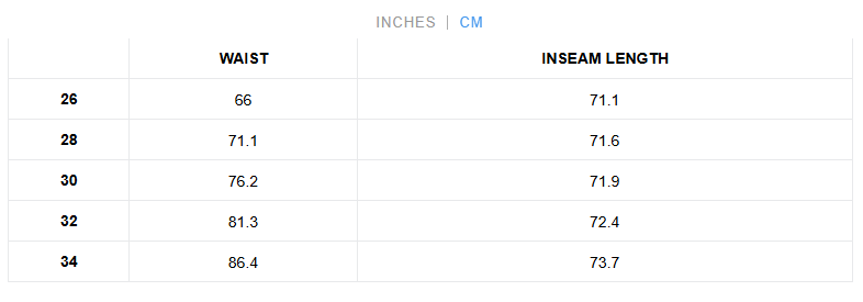 Size Chart in CM